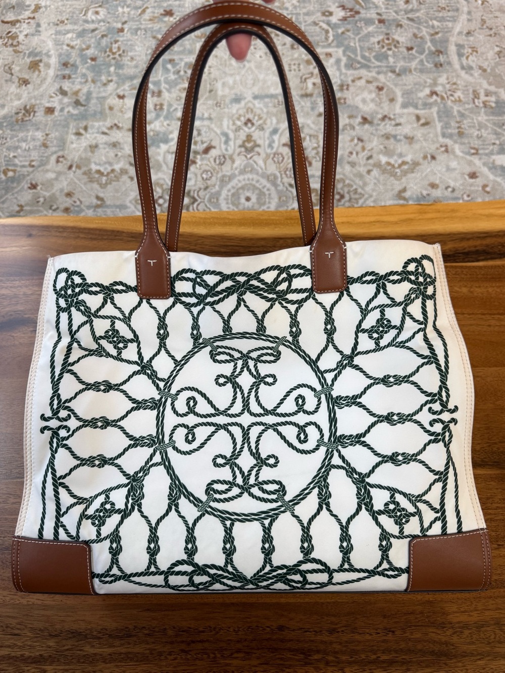 Tory Burch Ella Ivory Tote Medium Green Rope Print Brown Leather Trim
